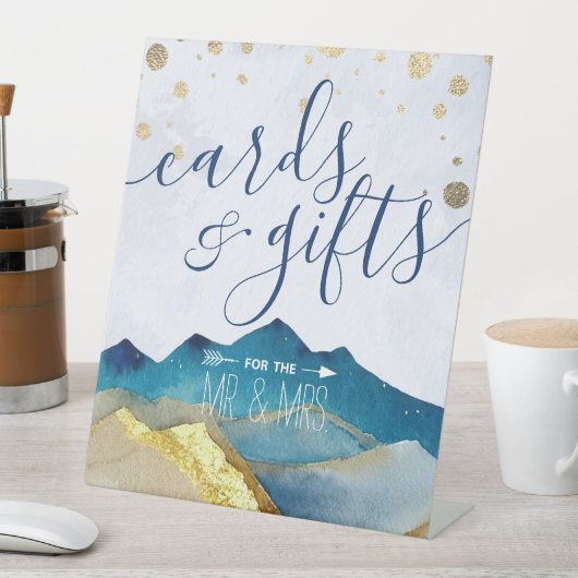 Waterverf Blue Gold Mountains kaartjes cadeau Wedd Reclamebord Met Voetstuk (Insitu)