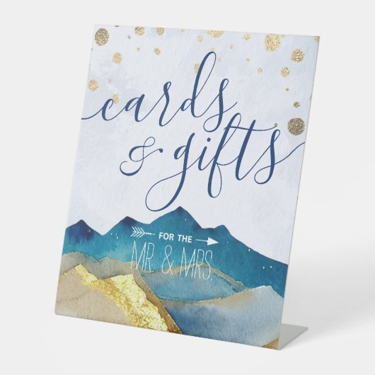 Waterverf Blue Gold Mountains kaartjes cadeau Wedd Reclamebord Met Voetstuk (Voorkant)