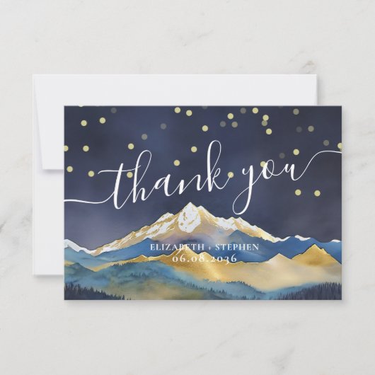 Waterverf Blue & Gold Mountains Weddenschap Hartel Bedankkaart (Voorkant)