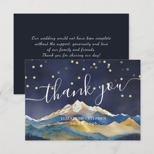 Waterverf Blue & Gold Mountains Weddenschap Hartel Bedankkaart (Voorkant / Achterkant)