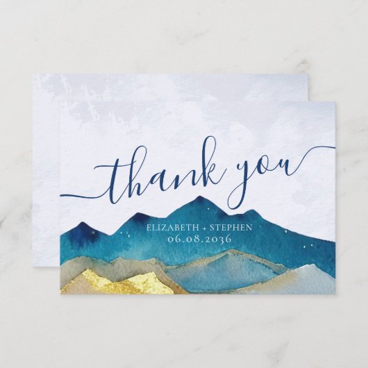 Waterverf Blue & Gold Mountains Weddenschap Hartel Bedankkaart (Voorkant / Achterkant)