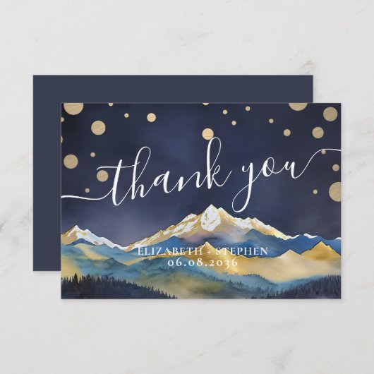 Waterverf Blue & Gold Mountains Weddenschap Hartel Bedankkaart (Voorkant / Achterkant)