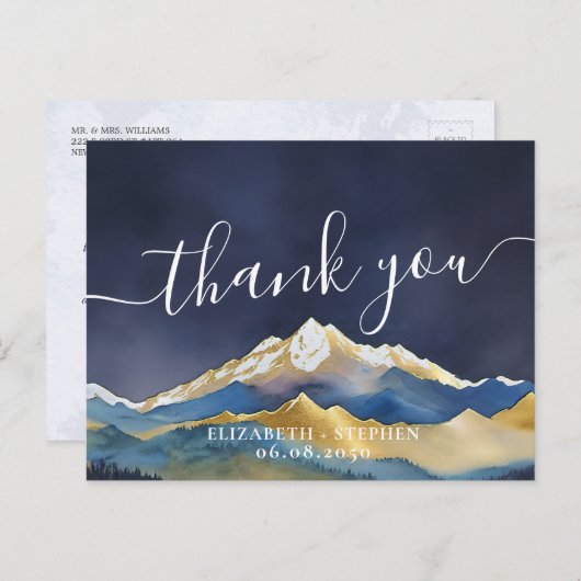 Waterverf Blue & Gold Mountains Weddenschap Hartel Briefkaart (Voorkant / Achterkant)