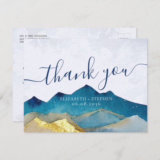 Waterverf Blue & Gold Mountains Weddenschap Hartel Briefkaart (Voorkant / Achterkant)