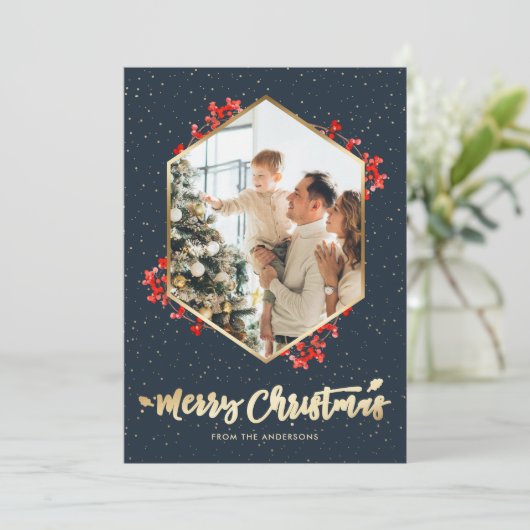 Waterverf Blue Gold Sneeuwfoto voor kerst Feestdagenkaart (Staand voorkant)