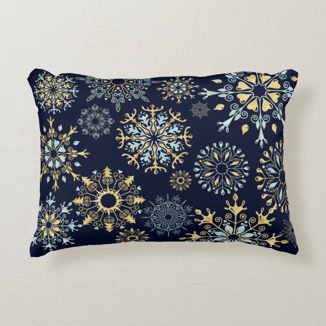 Waterverf Blue Gold Snowflakes Winter Christmass Accent Kussen (Voorkant)