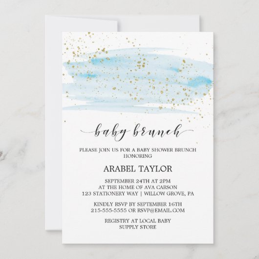 Waterverf Blue & Gold Sparkle Baby Brunch Kaart (Voorkant)
