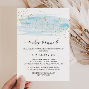 Waterverf Blue & Gold Sparkle Baby Brunch Kaart