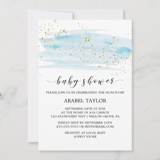 Waterverf Blue & Gold Sparkle Baby shower Kaart (Voorkant)