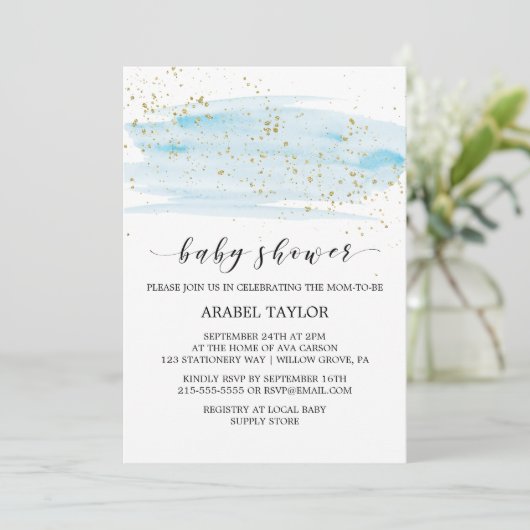 Waterverf Blue & Gold Sparkle Baby shower Kaart (Staand voorkant)