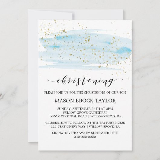 Waterverf Blue & Gold Sparkle Christening Kaart (Voorkant)