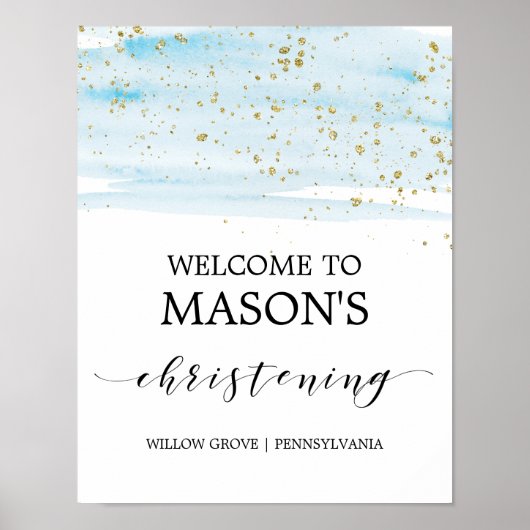 Waterverf Blue & Gold Sparkle Christening Welkom Poster (Voorkant)