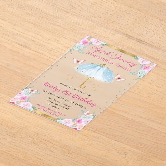 Waterverf Blue Gold Spring Paraplu 21e Verjaardag Acryl Uitnodigingen (Laagn)