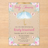 Waterverf Blue Gold Spring Umbrella Baby shower Acryl Uitnodigingen (Voorkant)