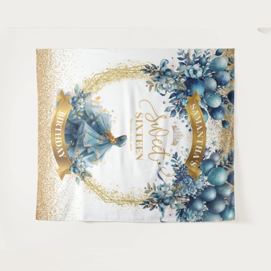 Waterverf Blue Gold Sweet Sixteen Balloon Banner Wandkleed (Voorkant (horizontaal))