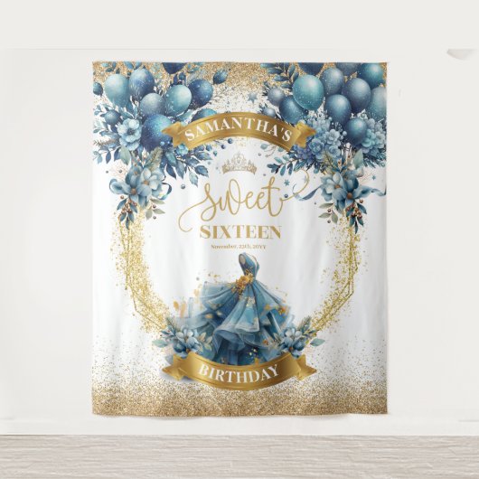 Waterverf Blue Gold Sweet Sixteen Balloon Banner Wandkleed (Voorkant)