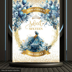 Waterverf Blue Gold Sweet Sixteen Balloon Banner Wandkleed