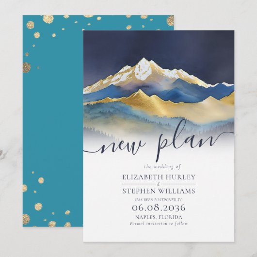 Waterverf Blue Golden Mountains Wedding Postponed Save The Date (Voorkant / Achterkant)