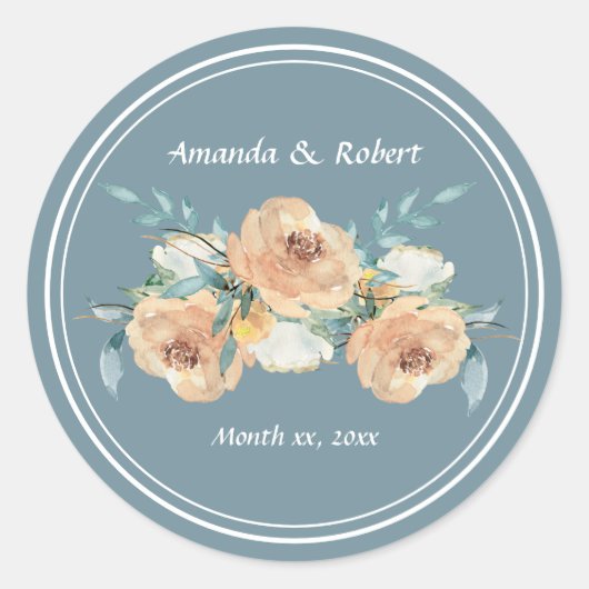 Waterverf Blue, Green, Taupe Floral Wedding Class Ronde Sticker (Voorkant)
