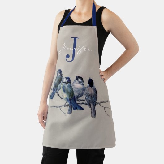 Waterverf Blue Grey Birds Monogram Aangepaste naam Schort (Insitu)