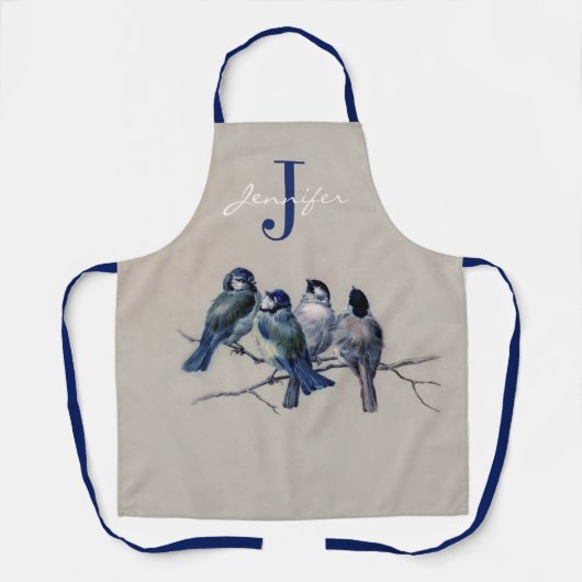 Waterverf Blue Grey Birds Monogram Aangepaste naam Schort (Voorkant)