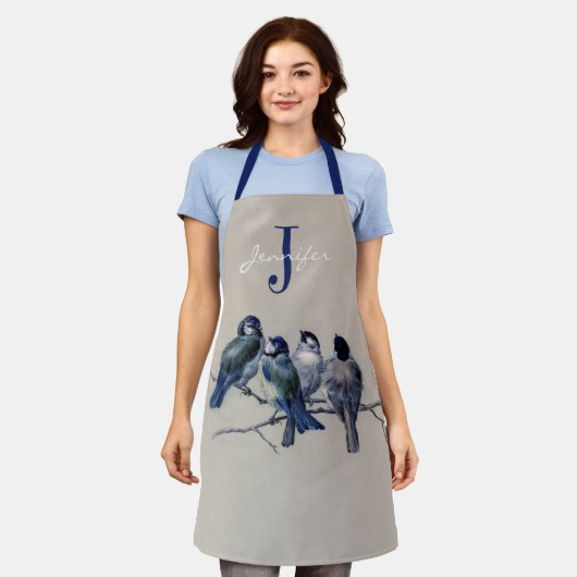 Waterverf Blue Grey Birds Monogram Aangepaste naam Schort (Gedragen)