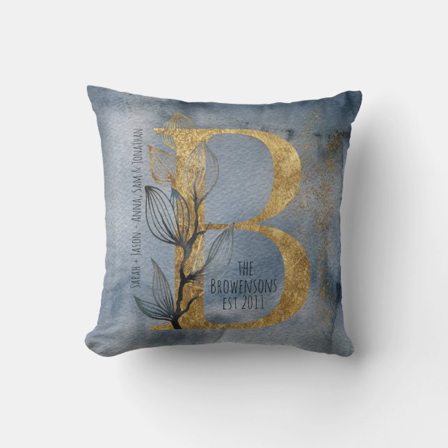 Waterverf Blue Grey Gold B Monogram Sierkussen (Voorkant)