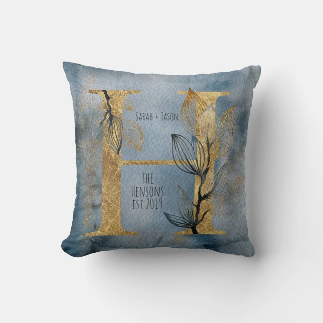 Waterverf Blue Grey Gold H Monogram Sierkussen (Voorkant)