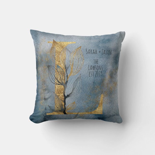 Waterverf Blue Grey Gold L Monogram Sierkussen (Voorkant)