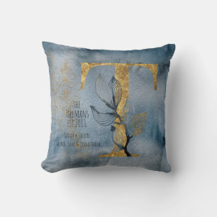 Waterverf Blue Grey Gold T Monogram Sierkussen