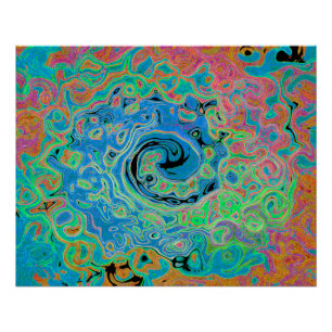 Waterverf Blue Groovy Abstract Retro vloeistof Perfect Poster