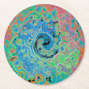 Waterverf Blue Groovy Abstract Retro vloeistof Ronde Kartonnen Onderzetter