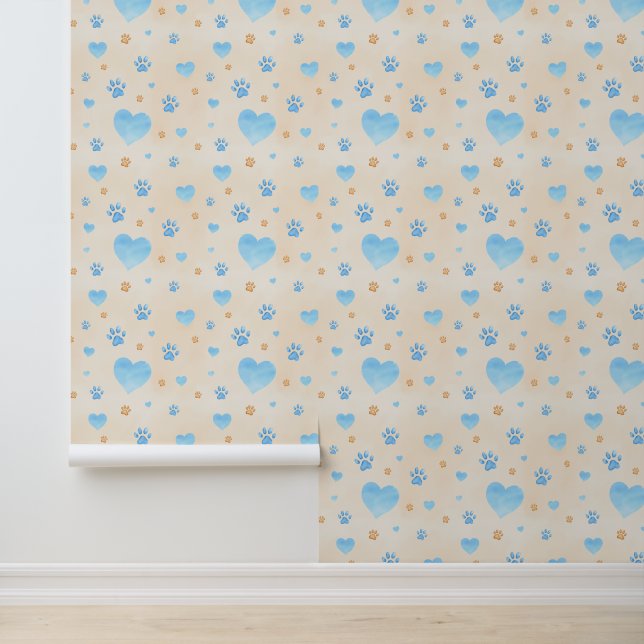 Waterverf Blue Hearts & Paw Prints Patroon Behang (Applicatie)