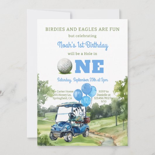 Waterverf Blue Hole in One Golf 1e verjaardag Kaart (Voorkant)