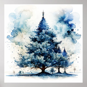Waterverf Blue Holiday Christmas Tree Poster