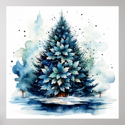 Waterverf Blue Holiday Christmas Tree Poster (Voorkant)