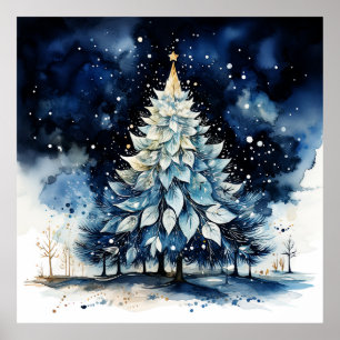 Waterverf Blue Holiday Christmas Tree Poster