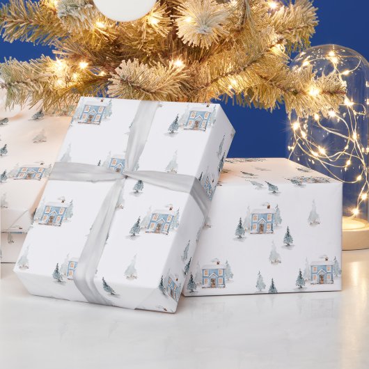 Waterverf Blue House & Snowy Trees Kerst Cadeaupapier (Feestdagen)