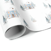 Waterverf Blue House & Snowy Trees Kerst Cadeaupapier (Rol Hoek)