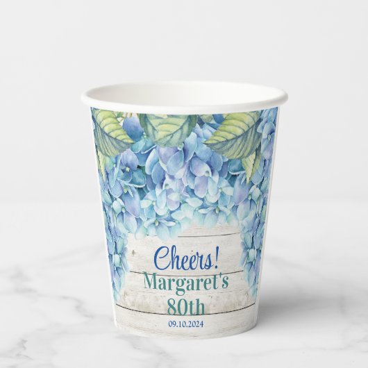 Waterverf Blue Hydrangea 80ste verjaardag Papieren Bekers (Achterkant)