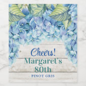 Waterverf Blue Hydrangea 80ste verjaardag Wijn Etiket (Enkel label)