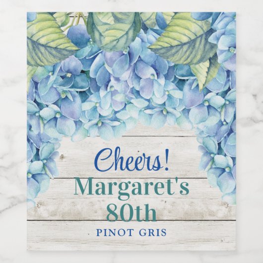 Waterverf Blue Hydrangea 80ste verjaardag Wijn Etiket (Enkel label)