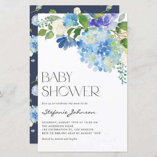Waterverf Blue Hydrangea Baby shower (Voorkant / Achterkant)