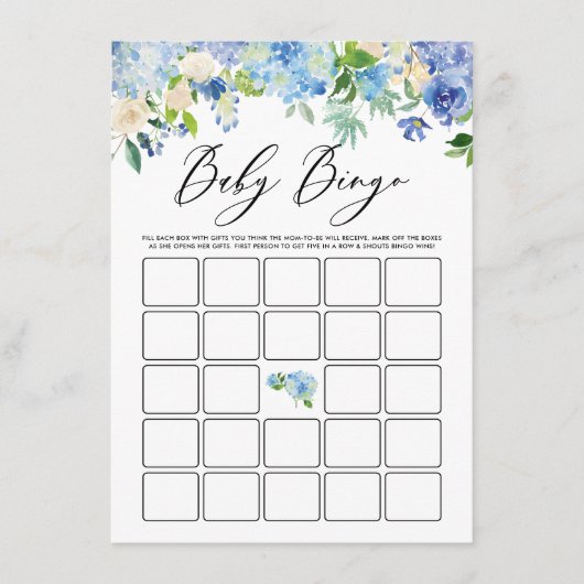 Waterverf Blue Hydrangea Baby shower Bingo spel Informatiekaartje (Voorkant)