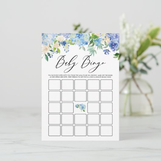 Waterverf Blue Hydrangea Baby shower Bingo spel Informatiekaartje (Staand voorkant)