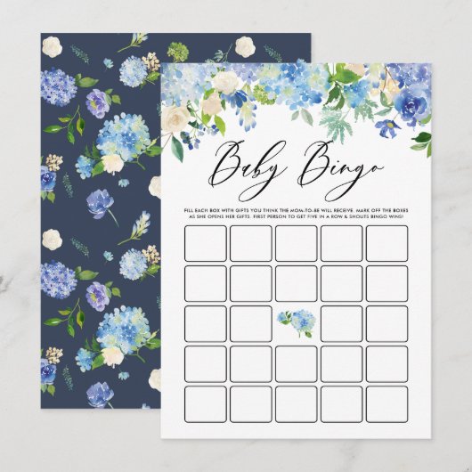 Waterverf Blue Hydrangea Baby shower Bingo spel Informatiekaartje (Voorkant / Achterkant)