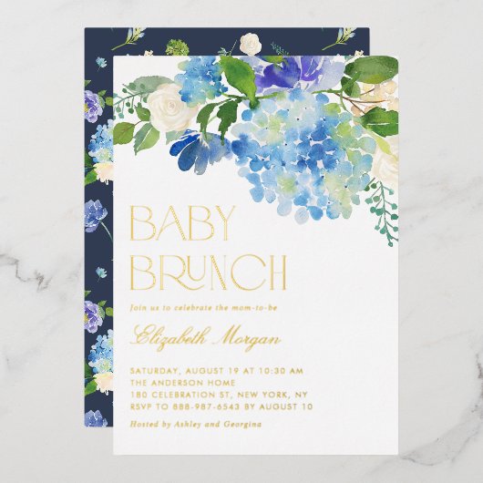 Waterverf Blue Hydrangea Baby shower Brunch Folie Uitnodiging (Voorkant / Achterkant)