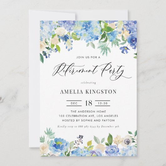 Waterverf Blue Hydrangea Bloemen Pensioen Partij Kaart (Voorkant)