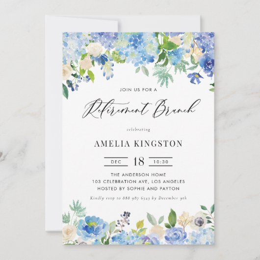 Waterverf Blue Hydrangea Bloemen Retirement Brunch Kaart (Voorkant)