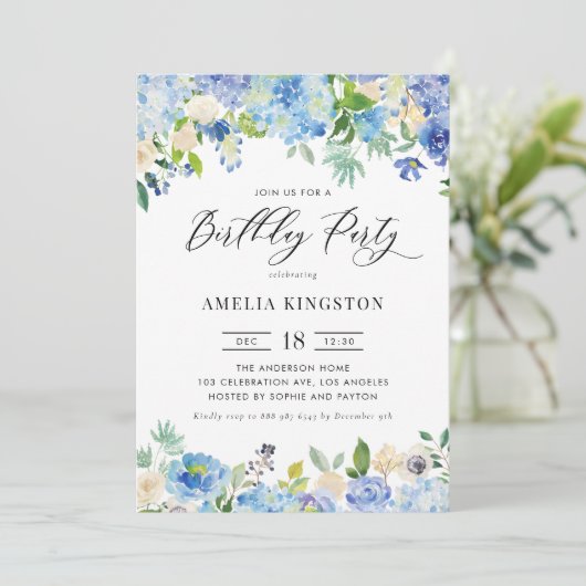 Waterverf Blue Hydrangea Bloemen Verjaardagsfeest Kaart (Staand voorkant)